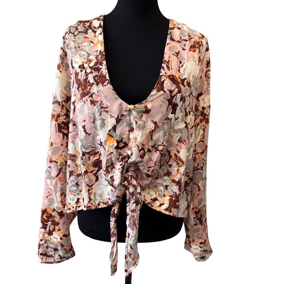 NEW OPEN EDIT NORDSTROM Women's Pink Painted Floral Print Cropped Blouse Size 2X - Picture 2 of 7